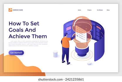 SMART goal setting isometric vector landing page. Businessman setting smart goals, IT company, strategy development, attainable rate, measurable opportunity abstract metaphor.