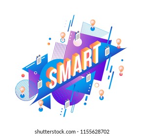 SMART goal setting trendy background template with vibrant gradient blue colors, abstract round shapes with rlight bulbs, callendar planners. Vector modern poster, banner, presentation layout