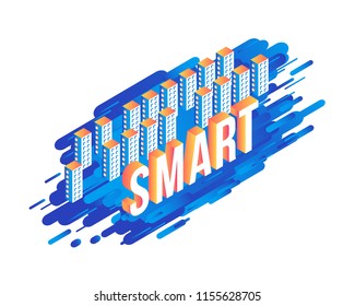 SMART goal setting trendy background template with vibrant gradient blue colors, abstract round shapes with residental buildings. Vector modern poster, banner, presentation layout