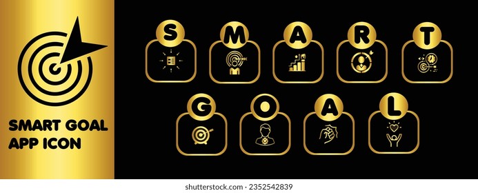 Diseño de conjunto de iconos de aplicación de objetivos inteligentes con color gradiente dorado y fondo negro