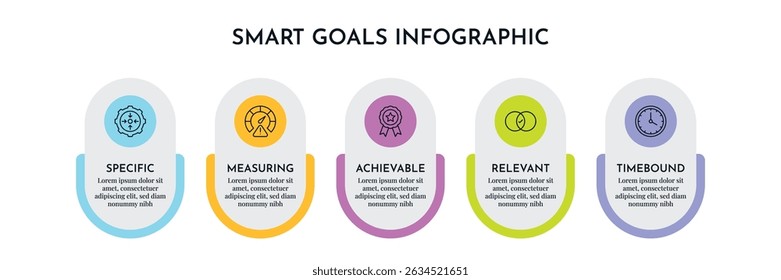 SMART Goals Diagram Infographic Template For Strategic Goal Presentation Are Specific, Measurement, Achievable, Relevant, And Time-Bound. Icons And Diagrams Chart. Personal And Business Goals Setting.