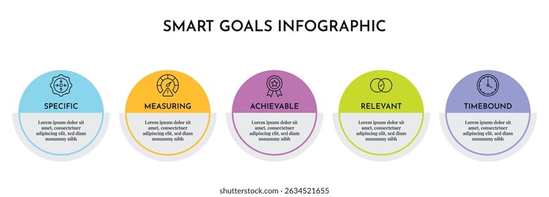 SMART Goals Diagram Infographic Template For Strategic Goal Presentation Are Specific, Measurement, Achievable, Relevant, And Time-Bound. Icons And Diagrams Chart. Personal And Business Goals Setting.