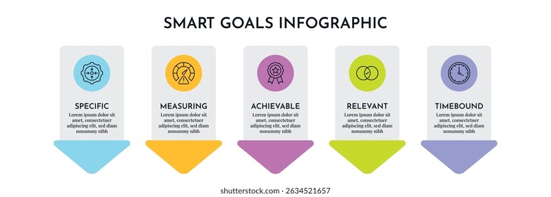 SMART Goals Diagram Infographic Template For Strategic Goal Presentation Are Specific, Measurement, Achievable, Relevant, And Time-Bound. Icons And Diagrams Chart. Personal And Business Goals Setting.