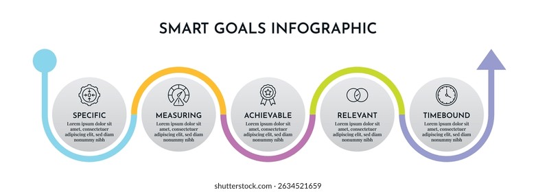 SMART Goals Diagram Infographic Template For Strategic Goal Presentation Are Specific, Measurement, Achievable, Relevant, And Time-Bound. Icons And Diagrams Chart. Personal And Business Goals Setting.