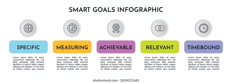 SMART Goals Diagram Infographic Template For Strategic Goal Presentation Are Specific, Measurement, Achievable, Relevant, And Time-Bound. Icons And Diagrams Chart. Personal And Business Goals Setting.