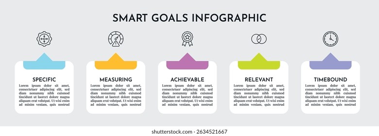 SMART Goals Diagram Infographic Template For Strategic Goal Presentation Are Specific, Measurement, Achievable, Relevant, And Time-Bound. Icons And Diagrams Chart. Personal And Business Goals Setting.