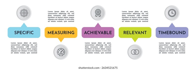 SMART Goals Diagram Infographic Template For Strategic Goal Presentation Are Specific, Measurement, Achievable, Relevant, And Time-Bound. Icons And Diagrams Chart. Personal And Business Goals Setting.