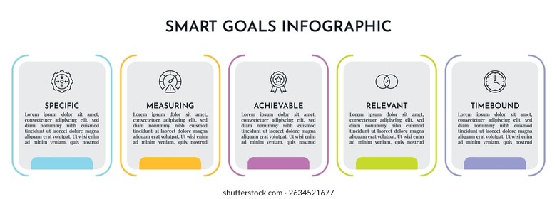 SMART Goals Diagram Infographic Template For Strategic Goal Presentation Are Specific, Measurement, Achievable, Relevant, And Time-Bound. Icons And Diagrams Chart. Personal And Business Goals Setting.