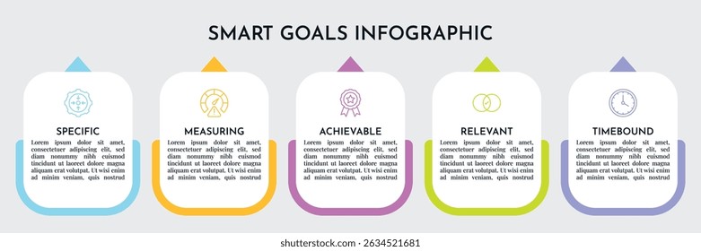 SMART Goals Diagram Infographic Template For Strategic Goal Presentation Are Specific, Measurement, Achievable, Relevant, And Time-Bound. Icons And Diagrams Chart. Personal And Business Goals Setting.