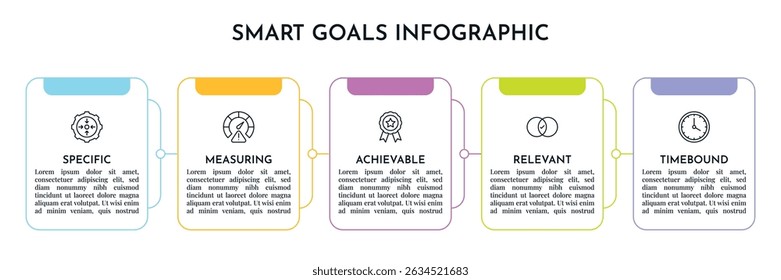 SMART Goals Diagram Infographic Template For Strategic Goal Presentation Are Specific, Measurement, Achievable, Relevant, And Time-Bound. Icons And Diagrams Chart. Personal And Business Goals Setting.
