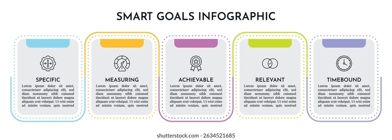 SMART Goals Diagram Infographic Template For Strategic Goal Presentation Are Specific, Measurement, Achievable, Relevant, And Time-Bound. Icons And Diagrams Chart. Personal And Business Goals Setting.