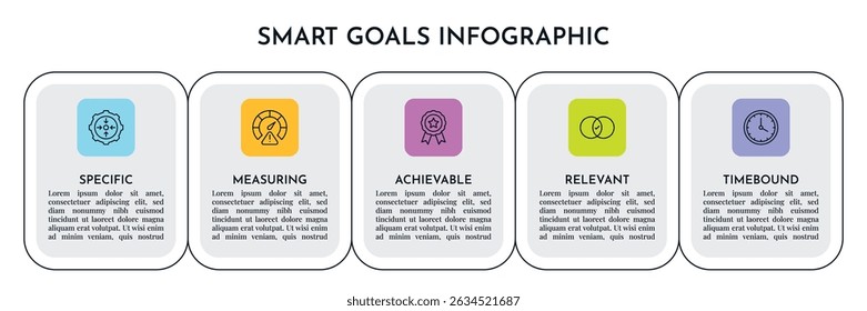 SMART Goals Diagram Infographic Template For Strategic Goal Presentation Are Specific, Measurement, Achievable, Relevant, And Time-Bound. Icons And Diagrams Chart. Personal And Business Goals Setting.