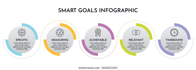 SMART Goals Diagram Infographic Template For Strategic Goal Presentation Are Specific, Measurement, Achievable, Relevant, And Time-Bound. Icons And Diagrams Chart. Personal And Business Goals Setting.