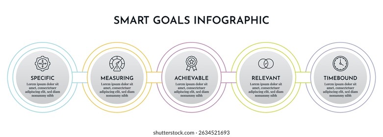 SMART Goals Diagram Infographic Template For Strategic Goal Presentation Are Specific, Measurement, Achievable, Relevant, And Time-Bound. Icons And Diagrams Chart. Personal And Business Goals Setting.