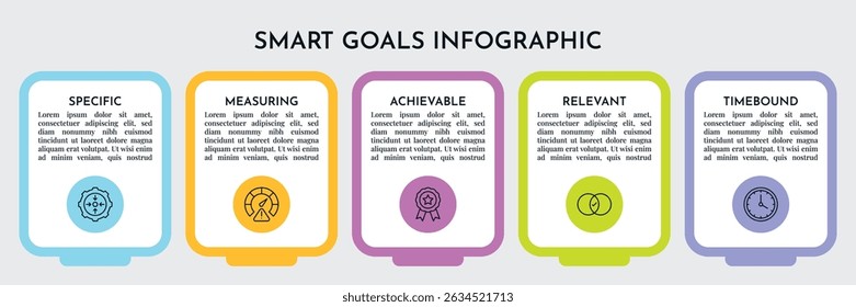 SMART Goals Diagram Infographic Template For Strategic Goal Presentation Are Specific, Measurement, Achievable, Relevant, And Time-Bound. Icons And Diagrams Chart. Personal And Business Goals Setting.