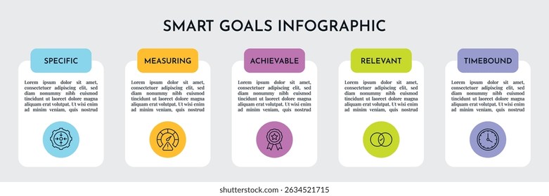 SMART Goals Diagram Infographic Template For Strategic Goal Presentation Are Specific, Measurement, Achievable, Relevant, And Time-Bound. Icons And Diagrams Chart. Personal And Business Goals Setting.