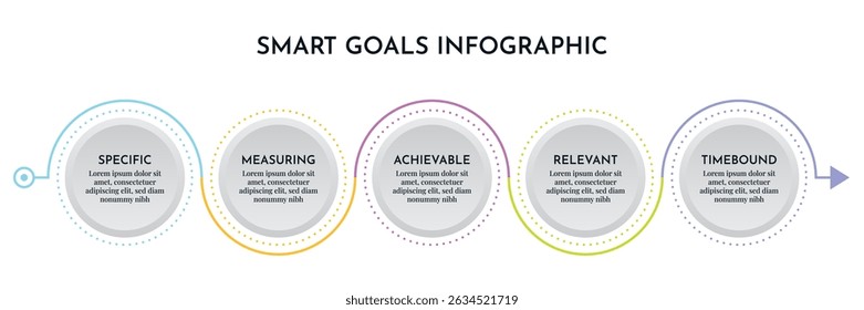 SMART Goals Diagram Infographic Template For Strategic Goal Presentation Are Specific, Measurement, Achievable, Relevant, And Time-Bound. Icons And Diagrams Chart. Personal And Business Goals Setting.