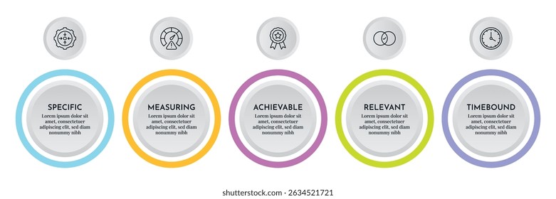SMART Goals Diagram Infographic Template For Strategic Goal Presentation Are Specific, Measurement, Achievable, Relevant, And Time-Bound. Icons And Diagrams Chart. Personal And Business Goals Setting.