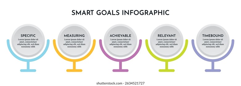 SMART Goals Diagram Infographic Template For Strategic Goal Presentation Are Specific, Measurement, Achievable, Relevant, And Time-Bound. Icons And Diagrams Chart. Personal And Business Goals Setting.