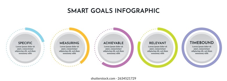 SMART Goals Diagram Infographic Template For Strategic Goal Presentation Are Specific, Measurement, Achievable, Relevant, And Time-Bound. Icons And Diagrams Chart. Personal And Business Goals Setting.