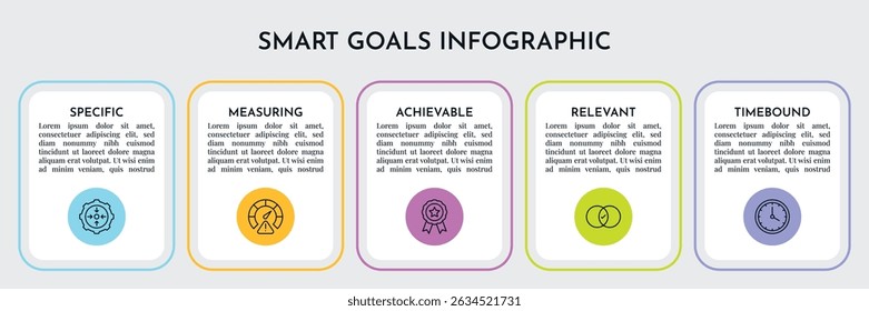 SMART Goals Diagram Infographic Template For Strategic Goal Presentation Are Specific, Measurement, Achievable, Relevant, And Time-Bound. Icons And Diagrams Chart. Personal And Business Goals Setting.