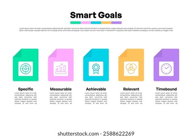 SMART Goals Document Style Infographic with Color Blocks and Icons Vector Illustration