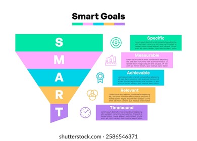 SMART Goals Funnel Infographic with Steps and Colorful Visual Elements Vector Illustration