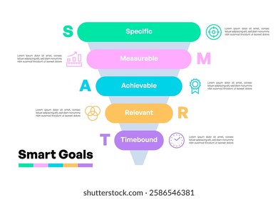 SMART Goals Funnel Infographic with Steps and Colorful Visual Elements Vector Illustration