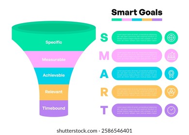 SMART Goals Funnel Infographic with Steps and Colorful Visual Elements Vector Illustration