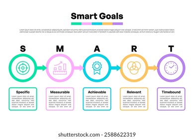 Smart Goals Horizontal Infographic with Labeled Arrows and Icons Vector Illustration