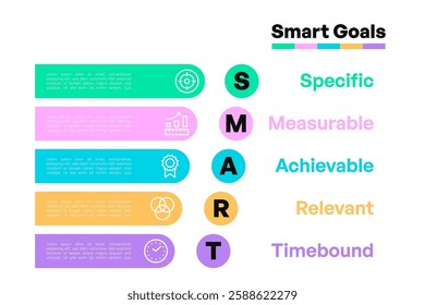 Smart Goals Infographic with Colorful Sections and Icons for Business Strategy Vector Illustration