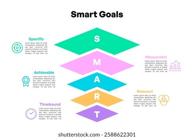 SMART Goals Infographic with Diamond Shapes and Text Descriptions Vector Illustration