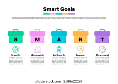 SMART Goals Infographic Featuring Briefcase Icons in Colorful Modern Layout Vector Illustration