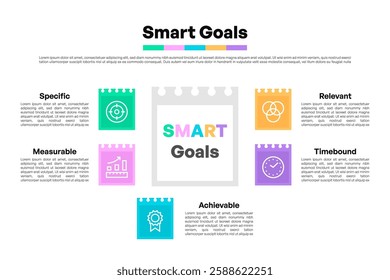 SMART Goals Infographic with Tear-Off Note Paper Icons and Descriptive Layout Vector Illustration