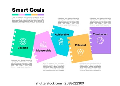 SMART Goals Infographic with Tear-Off Note Paper Icons and Descriptive Layout Vector Illustration