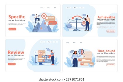 SMART goals set. Precise objective visualization, measurable targets, attainable strategies, relevant feedback loop, timely execution. Professionals setting, analyzing, monitoring. Flat vector