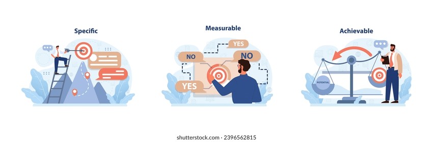 SMART Goals set. Precise objective targeting, effective decision-making, balanced potential realization. Specific aim, quantifiable choices, realistic ambitions. Flat vector illustration