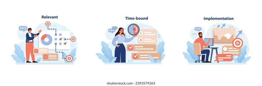 SMART goals set. Professionals define targets. Relevant tasks, time-bound objectives, successful project implementation. Measuring progress, setting deadlines, action plan initiation. Flat vector