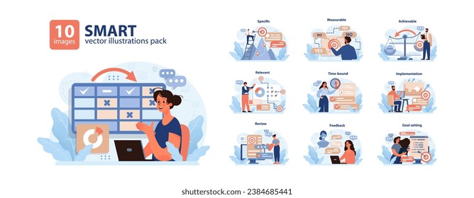 SMART goals set. Visual guide for effective planning. Characters defining specific, measurable tasks. Achieving targets. Reviewing progress. Goal refinement. Time management. Flat vector illustration