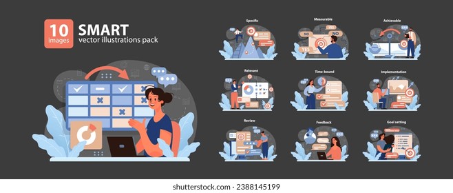 SMART goals set. Visual guide for effective planning. Characters defining specific, measurable tasks. Achieving targets. Reviewing progress. Goal refinement. Time management. Flat vector illustration