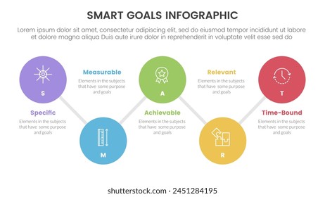 SMART goals setting framework infographic with timeline big circle connection line up and down with 5 step points for slide presentation vector