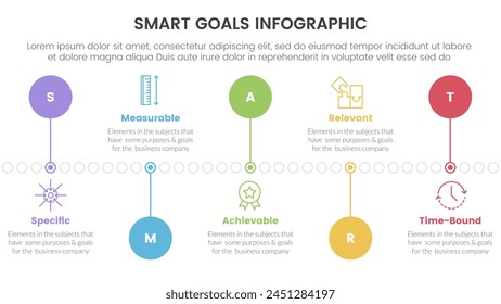 SMART goals setting framework infographic with timeline circle point up and down with 5 step points for slide presentation vector