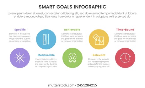 SMART goals setting framework infographic with big circle timeline ups and down with 5 step points for slide presentation vector