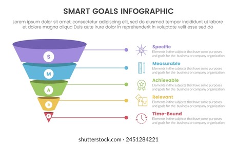 SMART metas establecer la infografía marco con forma de dimensión embudo 3d sombra con 5 puntos de paso para el Vector de presentación de diapositivas