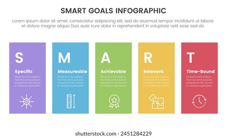 SMART goals setting framework infographic with height rectangle shape balance with 5 step points for slide presentation vector