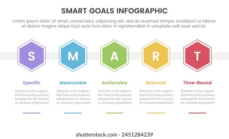 Infografía de la estructura de fijación de objetivos SMART con forma hexagonal de panal de abeja Horizontal con 5 puntos de paso para el Vector de presentación de diapositivas