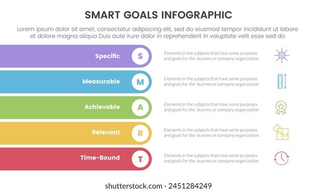 SMART Goals Setting Framework Infografik mit rechteckigem Rundstapel vertikal mit 5 Schrittpunkten für die Vektorgrafik der Diapräsentation