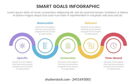 Infografía de establecimiento de objetivos SMART con un círculo de línea de tiempo arriba y abajo Horizontal con 5 puntos de paso para el Vector de presentación de diapositivas
