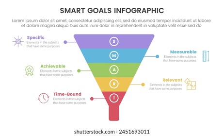SMART metas establecer infografía marco con forma de pirámide de embudo con 5 puntos de paso para el Vector de presentación de diapositivas