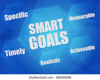 smart goals - specific, measurable, achievable, realistic, timely - concept words in hexagons over blue background, flat design, vector